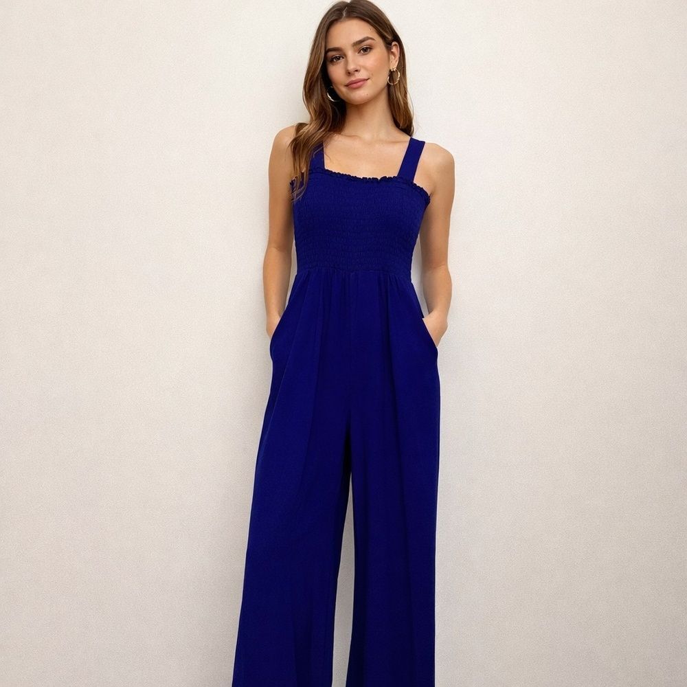 Blue Sleeveless Smocked Jumpsuit with Pockets